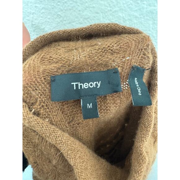 Theory Cable-Knit Mock Neck 100% Cashmere Sweater Size Medium Camel Tan Preppy - Picture 5 of 12